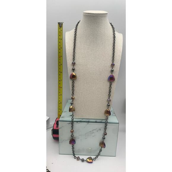 Purple Oil Slick Color Faceted Beads Dark Silver Tone Long Adjustable Necklace - Picture 3 of 6